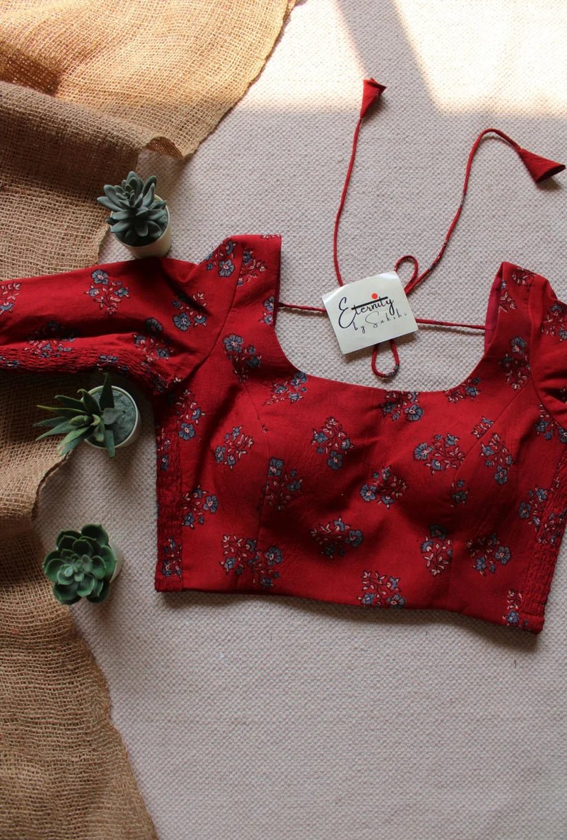 Red Brick + Charcoal (Ajrakh Stretchable) (combo Blouse) - Eternity by Sakshi