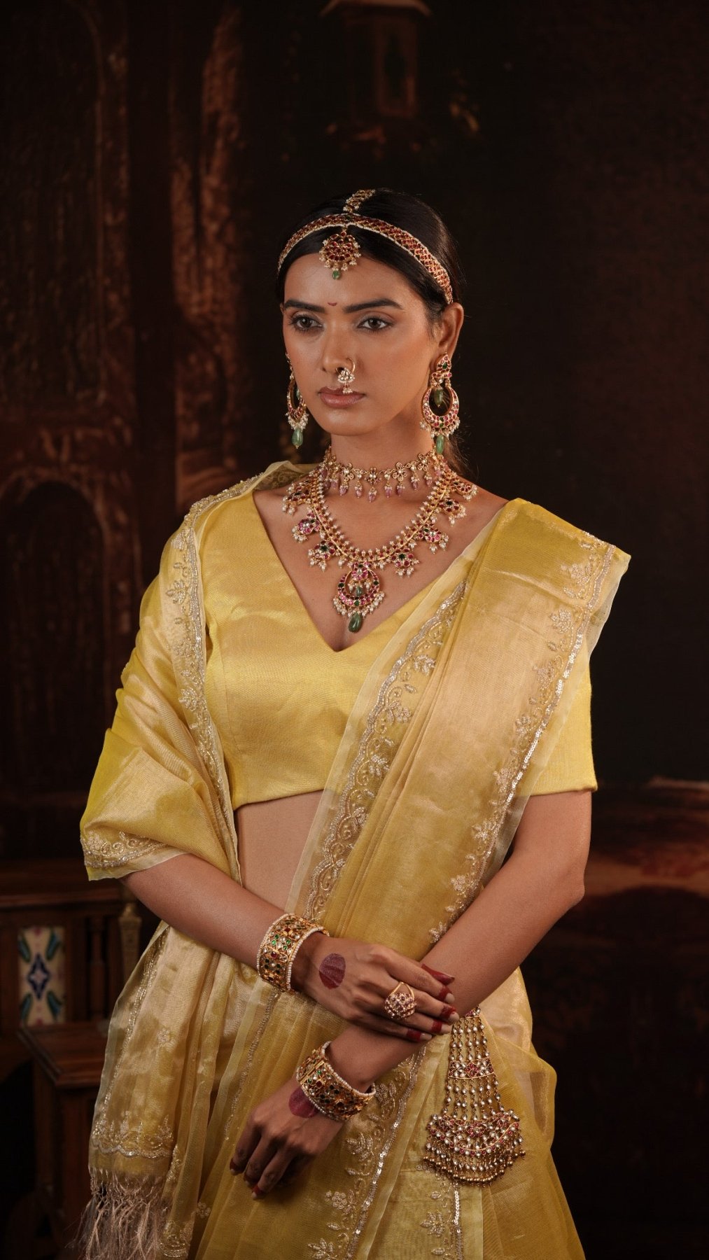 Yellow Handwork Raaz Saree + Yellow Tissue Elastic Blouse - Eternity by Sakshi