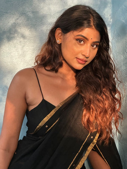 Black Raina Linen Saree - Eternity by Sakshi