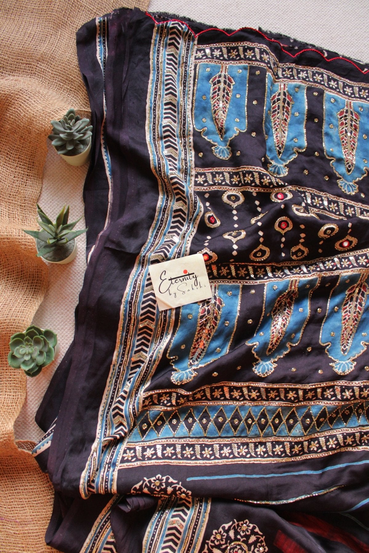 Ruhva Indigo Ajrakh Modal Silk Saree with Artisan Handwork - Eternity by Sakshi