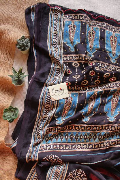 Ruhva Indigo Ajrakh Modal Silk Saree with Artisan Handwork - Eternity by Sakshi