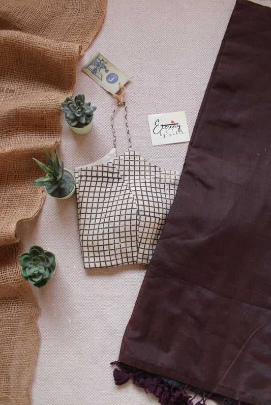 Coco Butter Saree + Cream Chequered Ready to wear blouse - Eternity by Sakshi