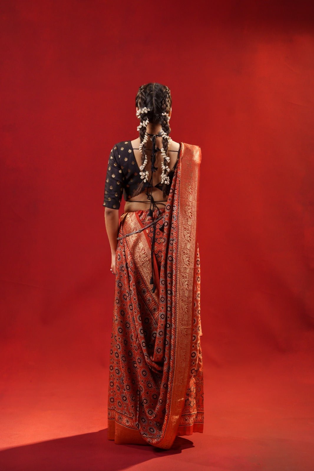 Rajvanshi Ajrakh Dola Silk Saree + Royal Ember Shadow Blouse Combo - Eternity by Sakshi