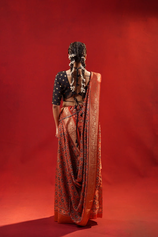 Rajvanshi Ajrakh Dola Silk Saree + Royal Ember Shadow Blouse Combo - Eternity by Sakshi