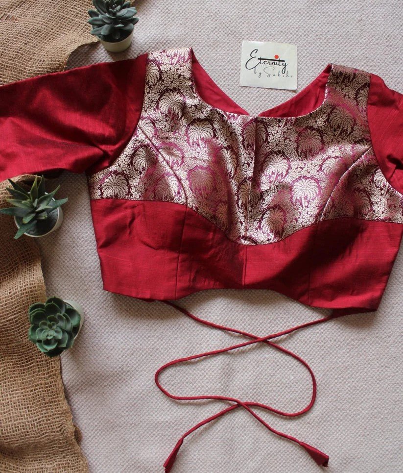 Mehendi Green Varnika Saree + Maroon Gulnaar Brocade Blouse Combo - Eternity by Sakshi