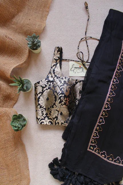 Black Noor Saree + Black Brocade Elastic Noorie Blouse Combo - Eternity by Sakshi