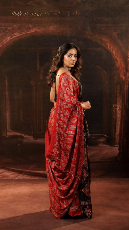 Veya Laal Ajrakh Modal Silk Handwork Saree - Eternity by Sakshi