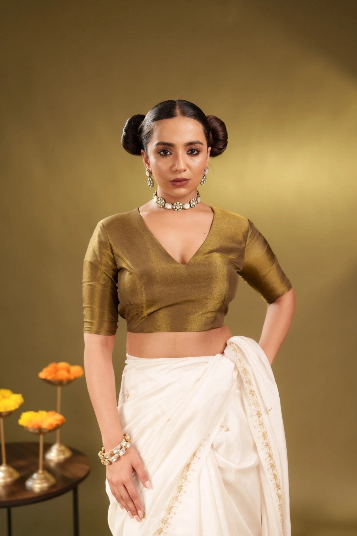 Mehendi Tissue Elastic Blouse - Eternity by Sakshi