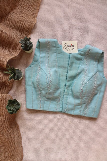 Pastel Aqua Chanderi Boatneck Blouse - Eternity by Sakshi
