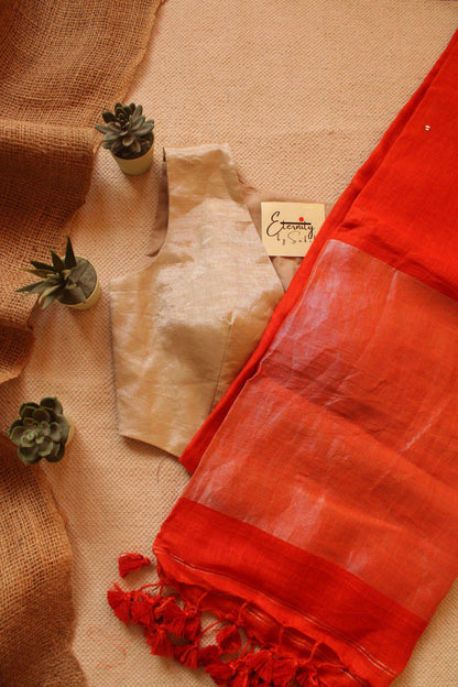 Rust Orange Raina Linen Saree + Zari Waistcoat Blouse Combo - Eternity by Sakshi