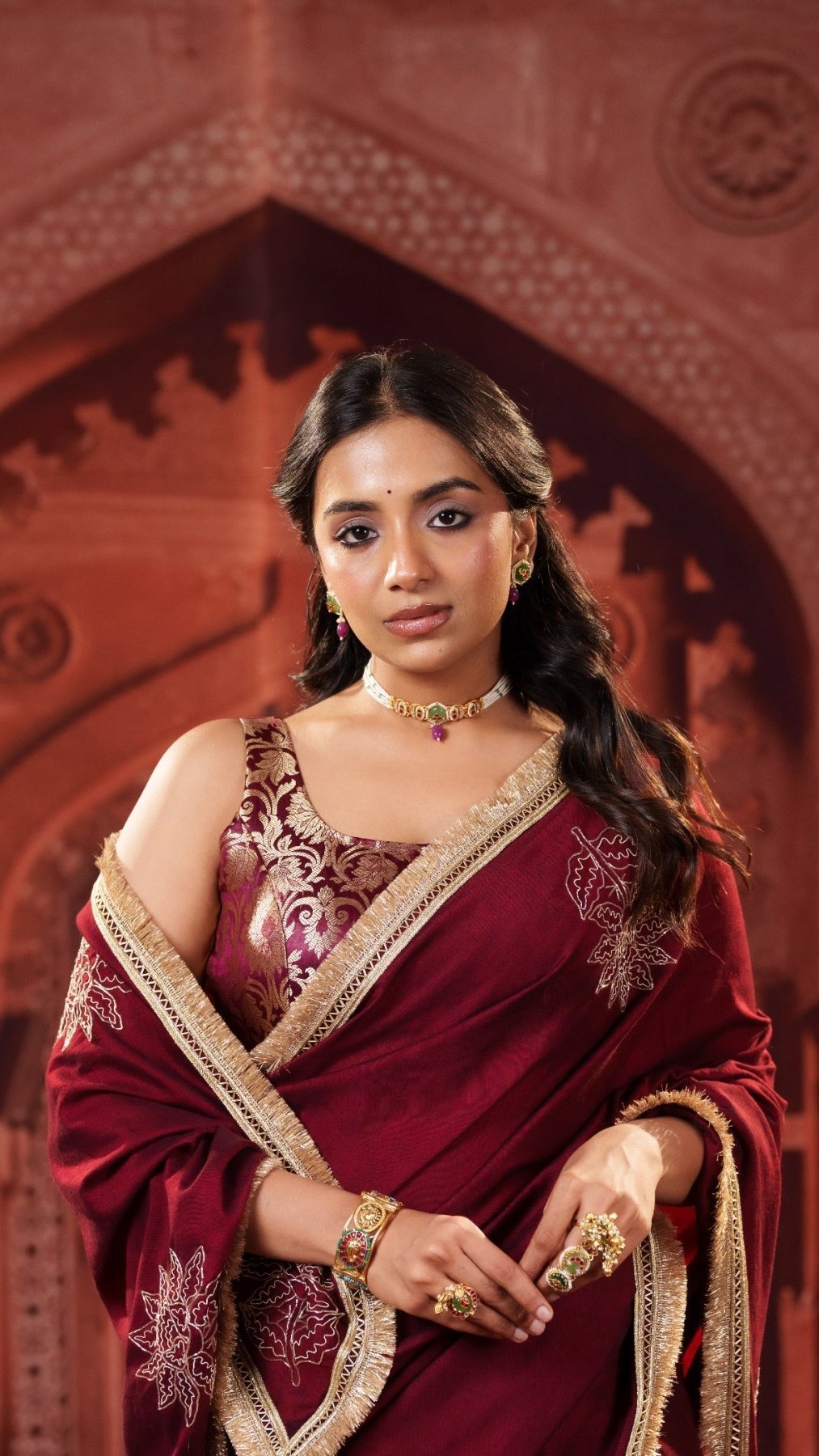 Maroon Elegance Handwork Saree + Maroon Brocade Elastic Noorie Blouse Combo - Eternity by Sakshi