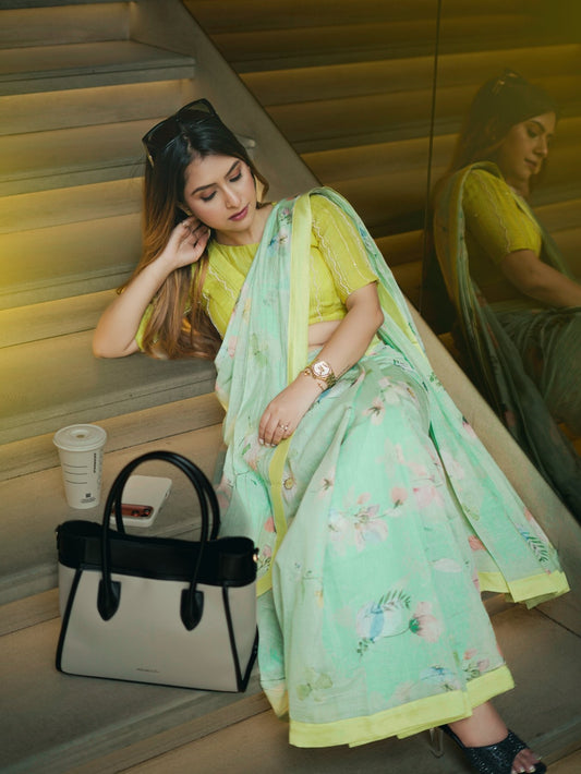 Green Digital Print Chanderi Cotton Saree - Eternity by Sakshi