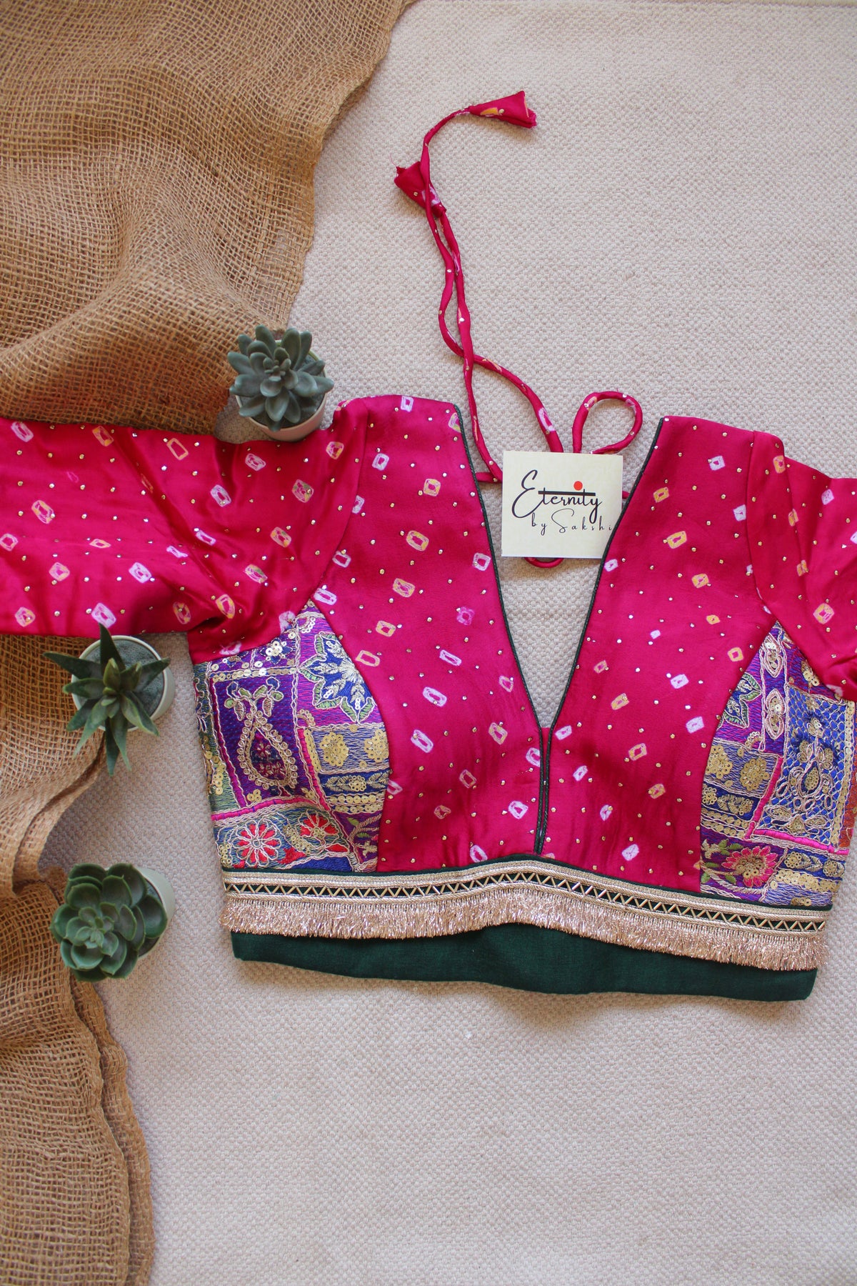 Pink Bandhani Blue Patch Blouse