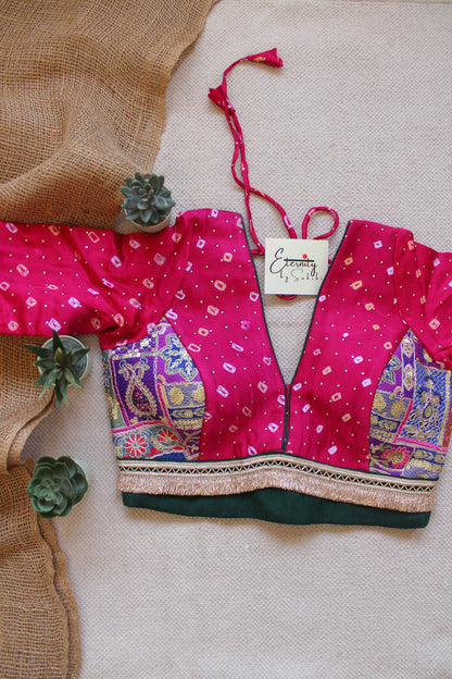 Pink Bandhani Blue Patch Blouse