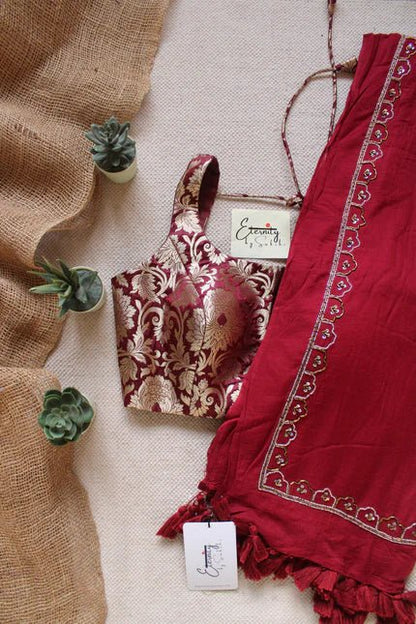 Scarlet Noor Saree + Maroon Brocade Elastic Noorie Blouse Combo - Eternity by Sakshi