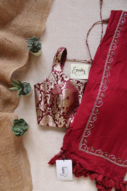 Scarlet Noor Saree + Maroon Brocade Elastic Noorie Blouse Combo - Eternity by Sakshi