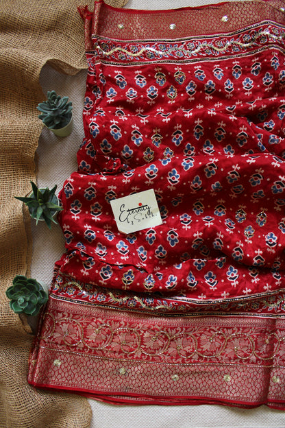 Red Maharani Ajrakh Dola Silk Handwork Saree