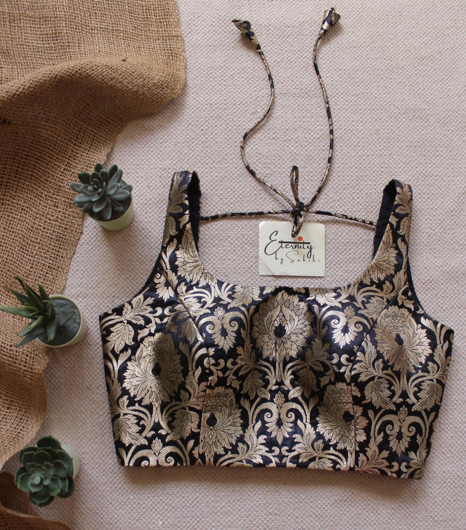 Black Brocade Elastic Noorie Blouse - Eternity by Sakshi