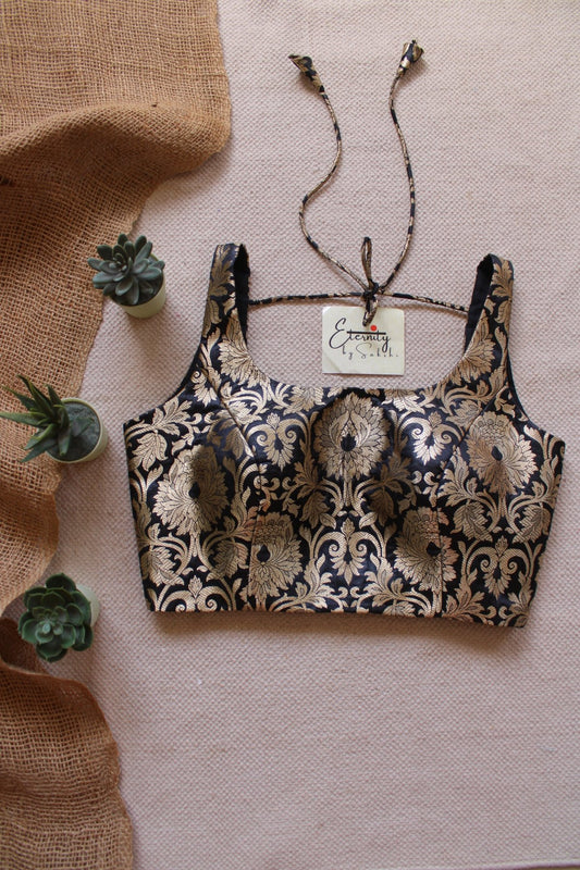 Black Brocade Elastic Noorie Blouse - Eternity by Sakshi