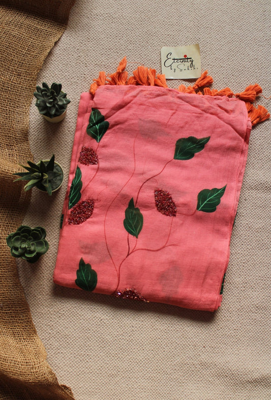 Peach Crystal Handwork Saree | Handpaint Mul Cotton
