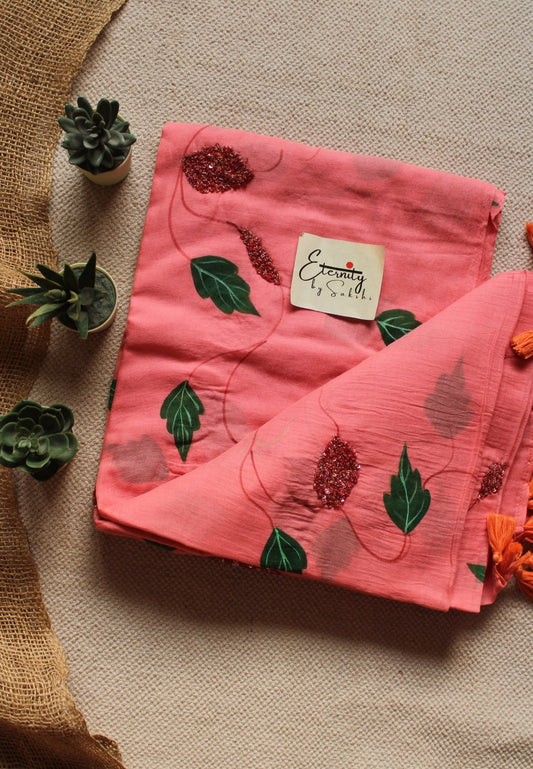 Peach Crystal Handwork Saree | Handpaint Mul Cotton