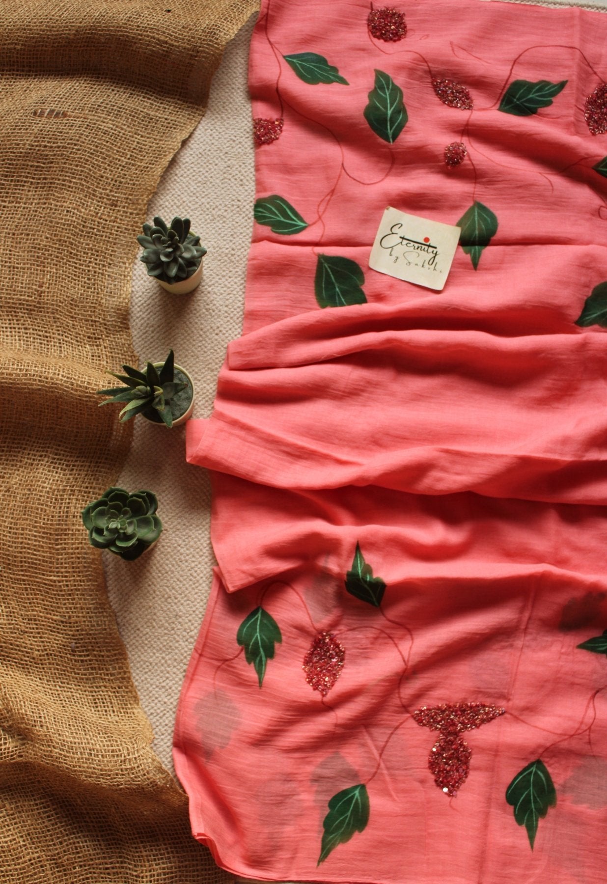 Peach Crystal Handwork Saree | Handpaint Mul Cotton