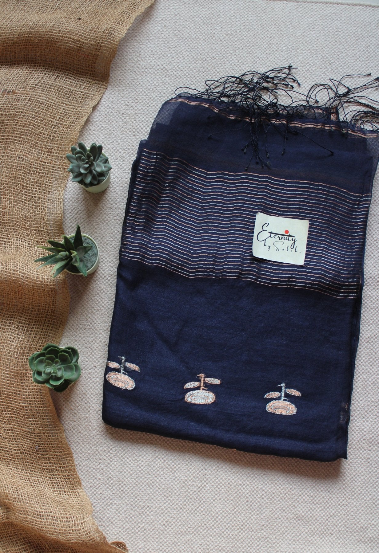 Navy Blue Floral Muslin Silk Saree