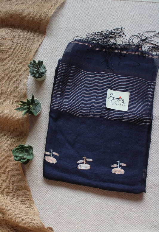 Navy Blue Floral Muslin Silk Saree