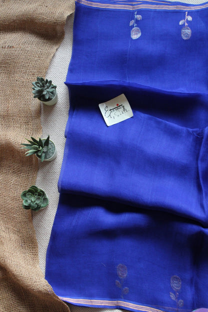 Royal Blue Floral Muslin Silk Saree