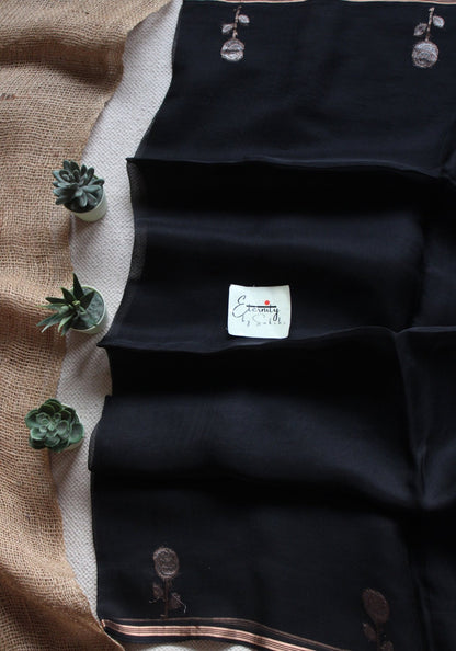 Black Floral Muslin Silk Saree