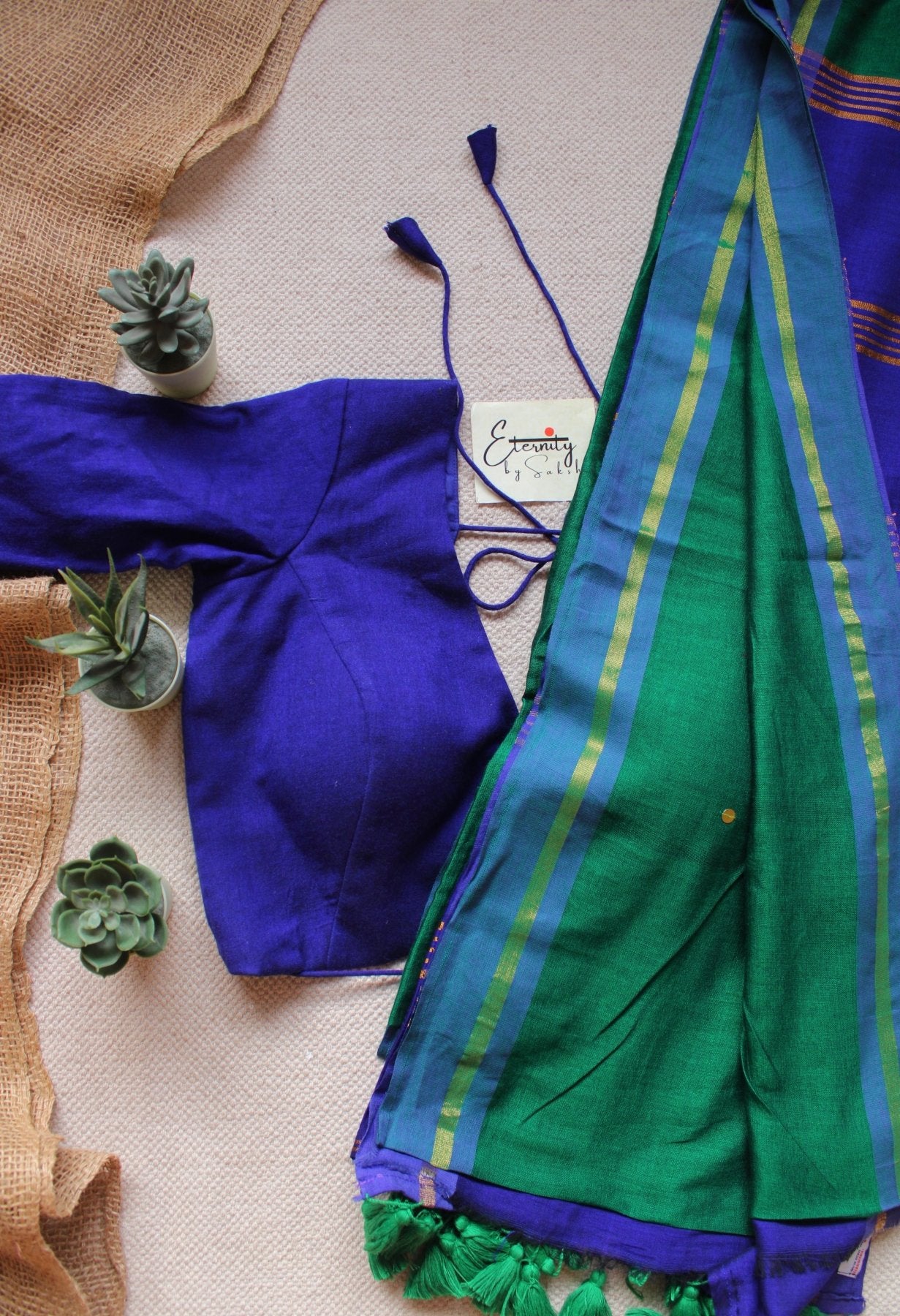 Green Varnika Saree +Blue Shadow Blouse Combo - Eternity by Sakshi