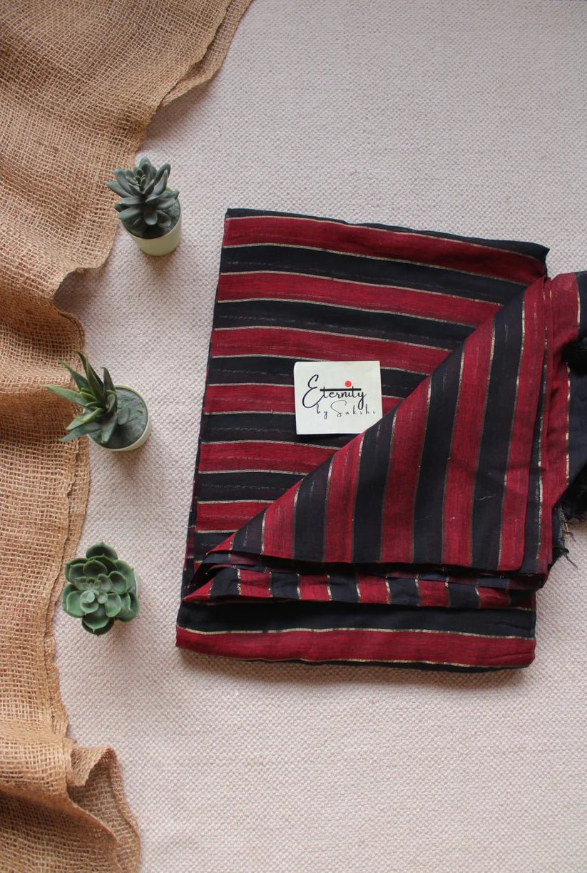 Red Silsila Saree + Charcoal Ajrakh Stretchable Blouse Combo - Eternity by Sakshi