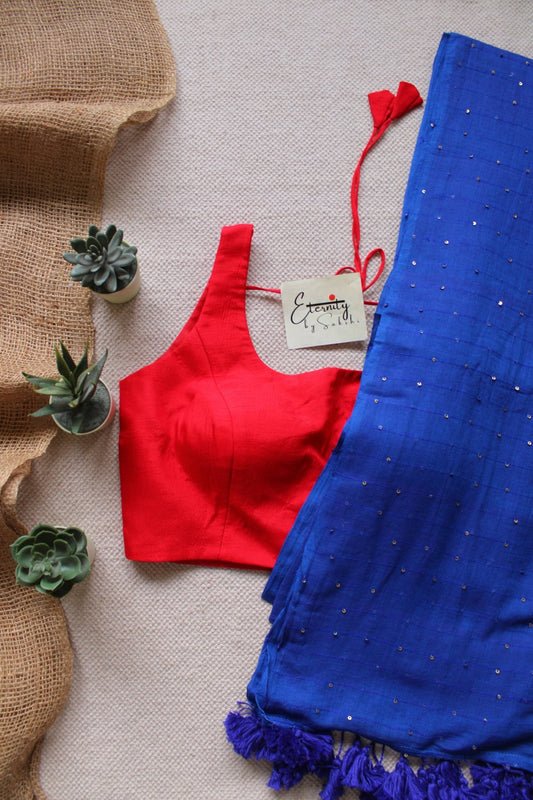 Blue Tara Saree + Red Noorie Blouse Combo - Eternity by Sakshi