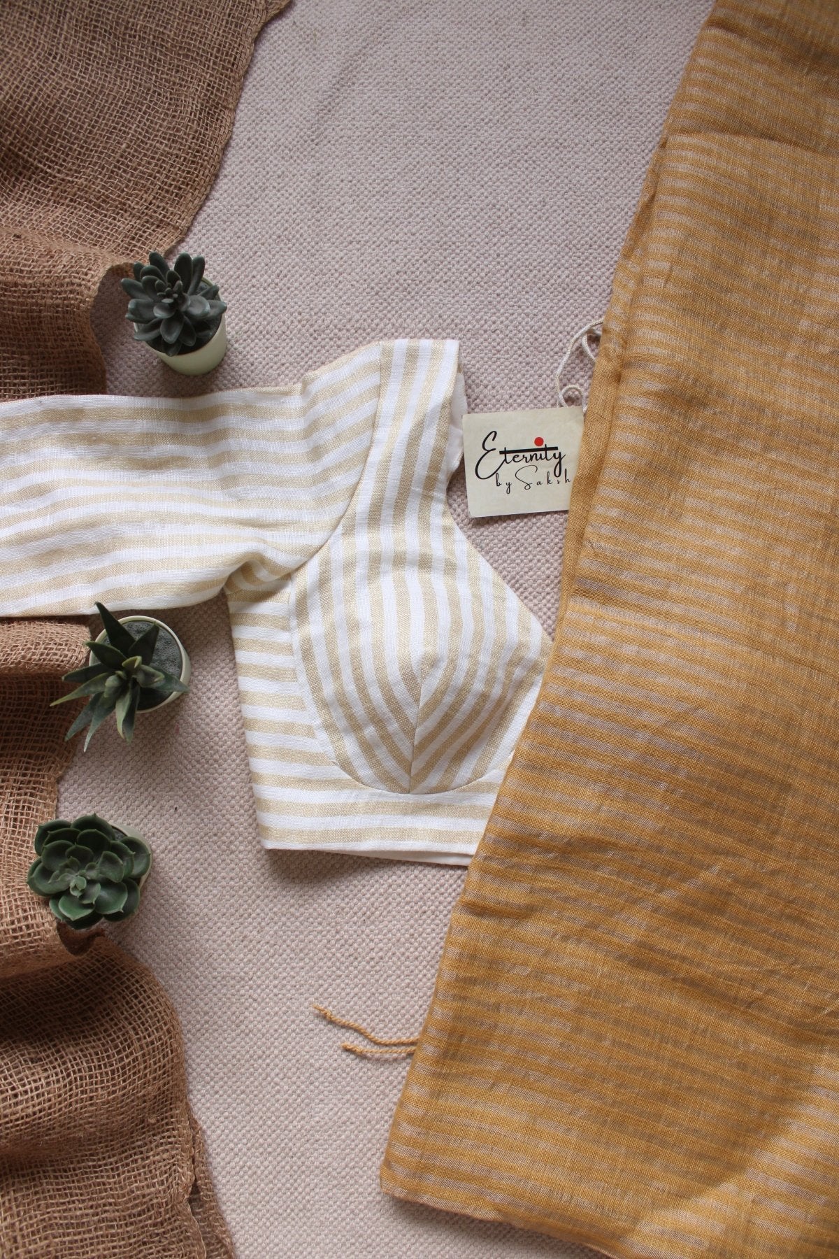 Yellow Stripes Linen Saree + White Linen With Sleeves Blouse Combo - Eternity by Sakshi