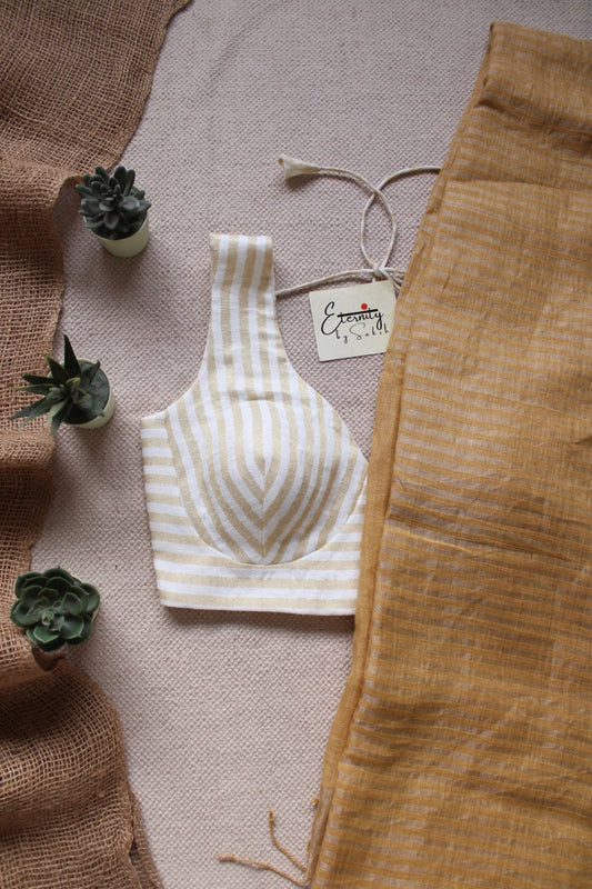 Yellow Stripes Linen Saree + White Linen Blouse Combo - Eternity by Sakshi