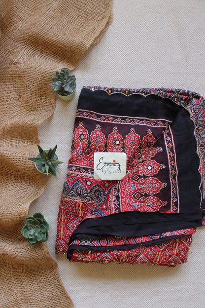 Ruhani Laal Ajrakh Modal Silk Saree with Artisan Handwork - Eternity by Sakshi