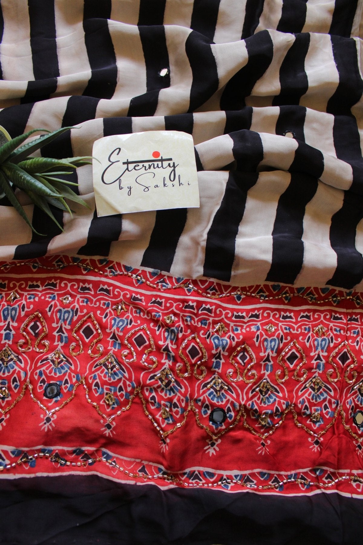 Ruhani Laal Ajrakh Modal Silk Saree with Artisan Handwork - Eternity by Sakshi