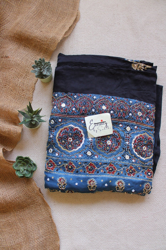 Orbit in Blue Ajrakh Modal Silk Saree with Artisan Handwork - Eternity by Sakshi