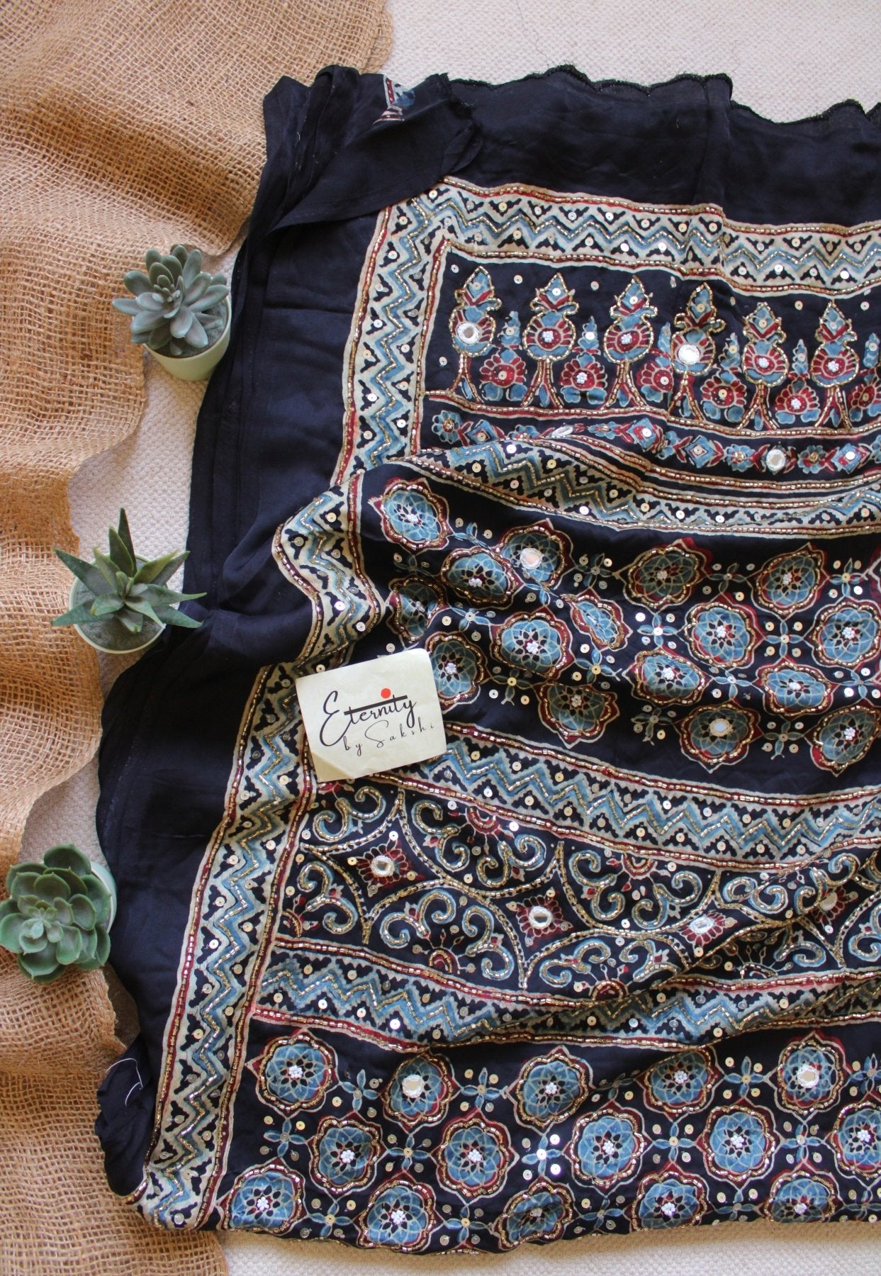 Shyaam Neel Ajrakh Modal Silk Saree with Artisan Handwork - Eternity by Sakshi