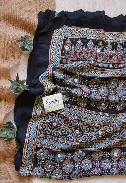 Shyaam Neel Ajrakh Modal Silk Saree with Artisan Handwork - Eternity by Sakshi