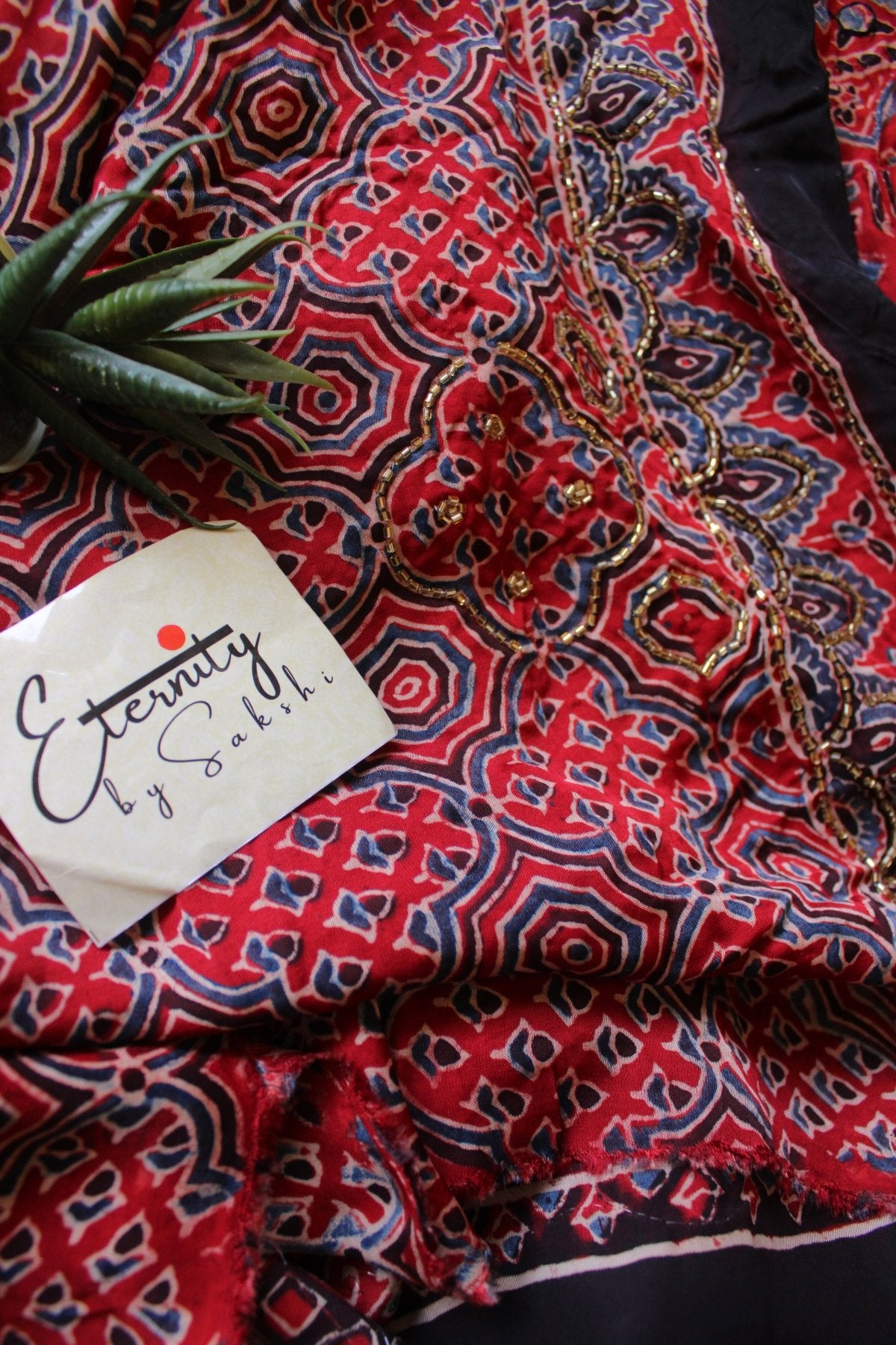 Ruhani Laal Ajrakh Modal Silk Saree with Artisan Handwork - Eternity by Sakshi