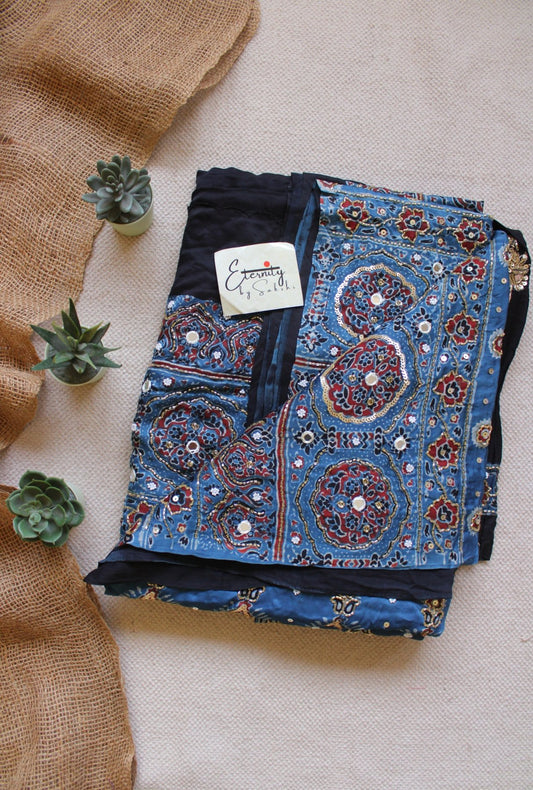 Orbit in Blue Ajrakh Modal Silk Saree with Artisan Handwork - Eternity by Sakshi