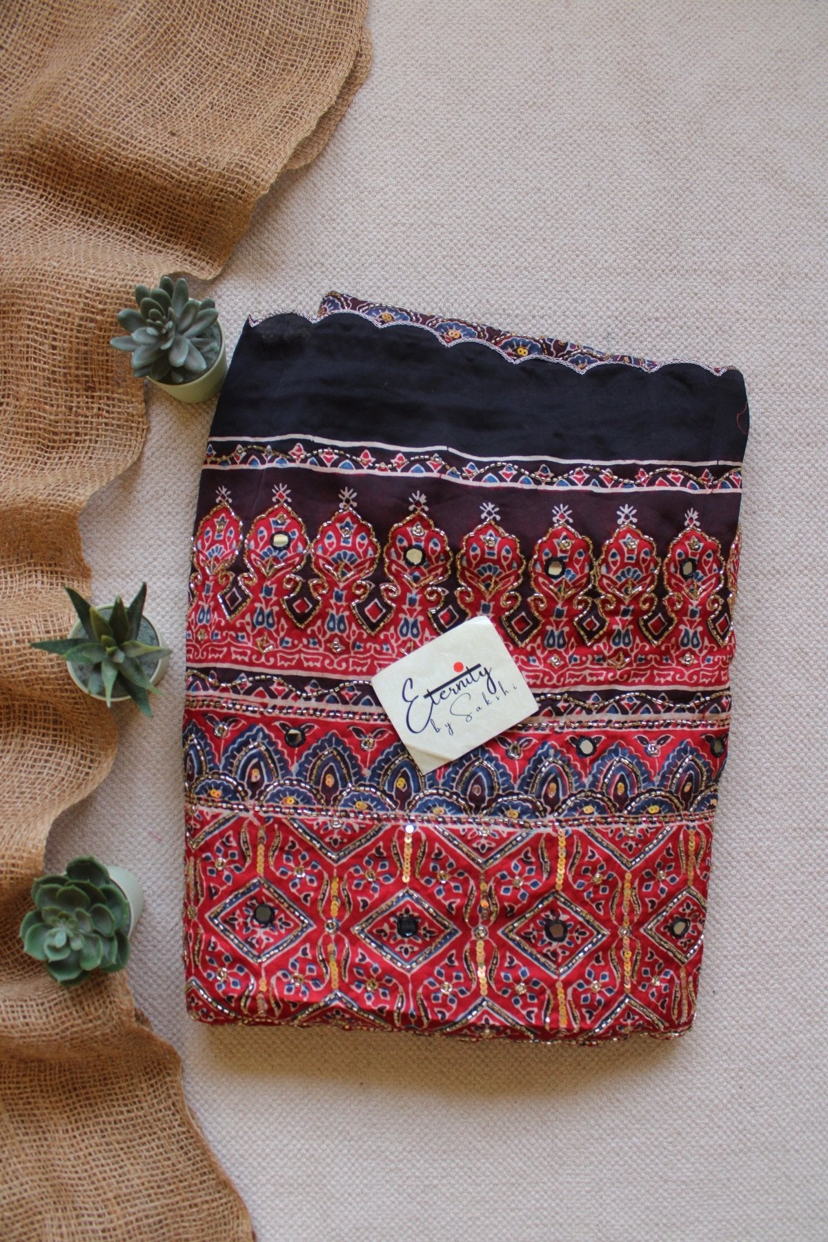 Ruhani Laal Ajrakh Modal Silk Saree with Artisan Handwork - Eternity by Sakshi