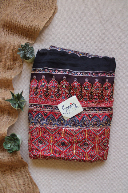 Ruhani Laal Ajrakh Modal Silk Saree with Artisan Handwork - Eternity by Sakshi