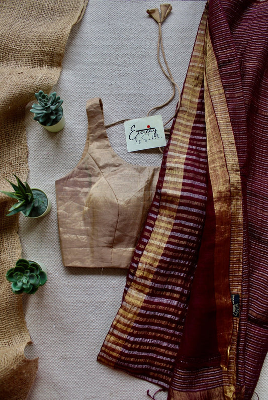 Nirvi Stripes Linen Saree + Gold Noorie Blouse Combo - Eternity by Sakshi