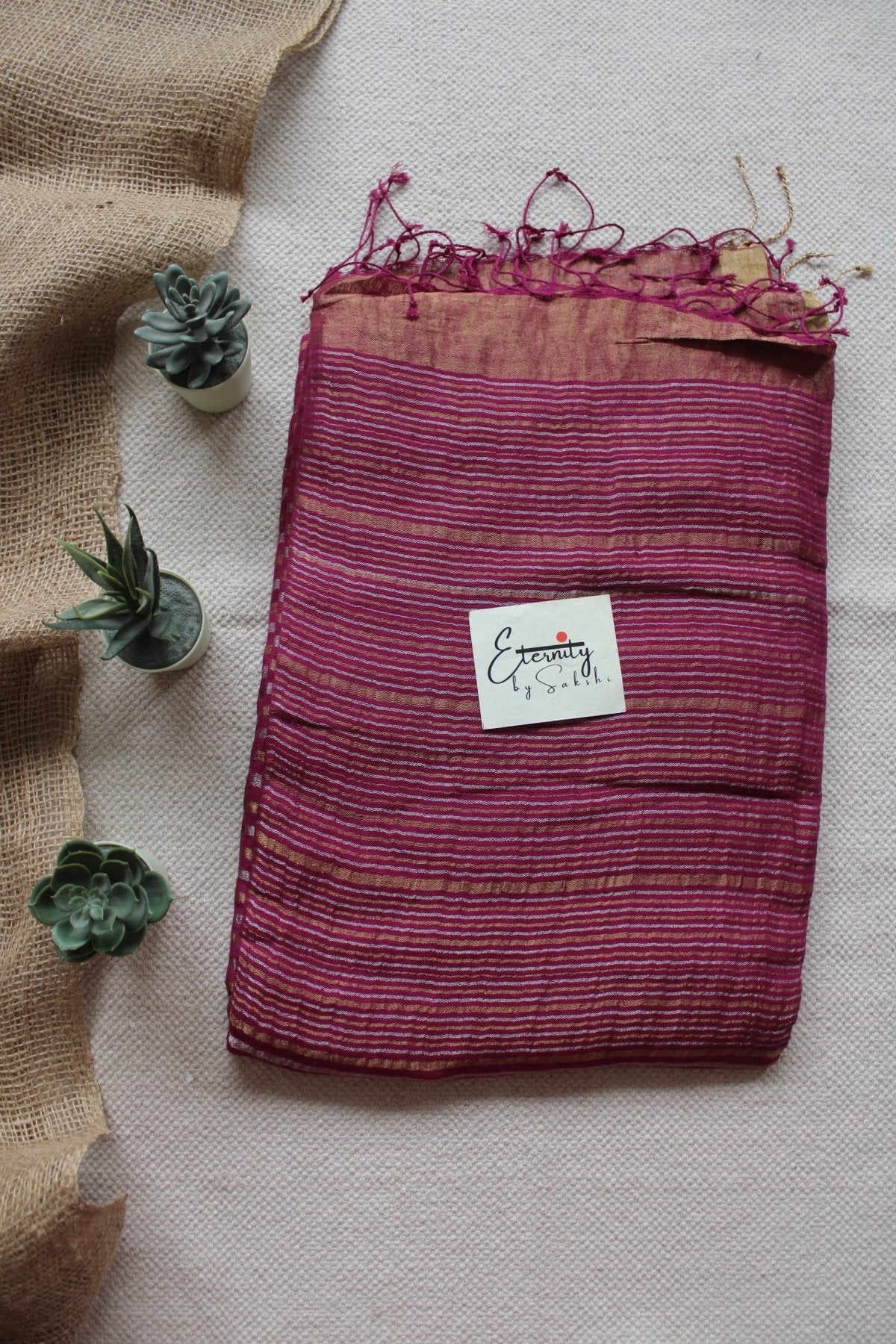 Nirvi Stripes Linen Saree + Gold Noorie Blouse Combo - Eternity by Sakshi