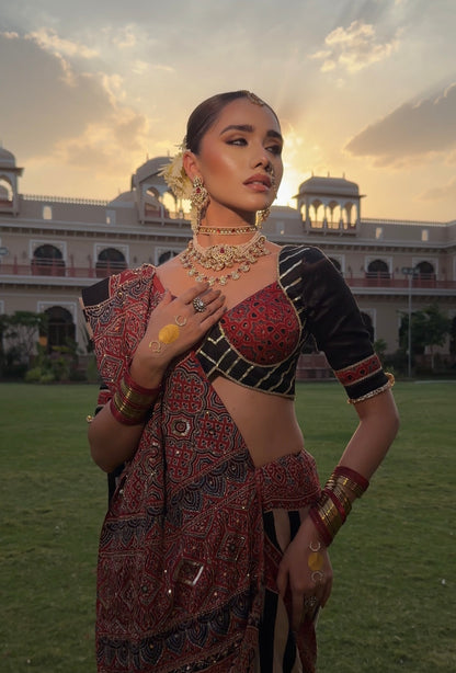 Ruhani Laal Ajrakh Modal Silk Saree with Artisan Handwork - Eternity by Sakshi