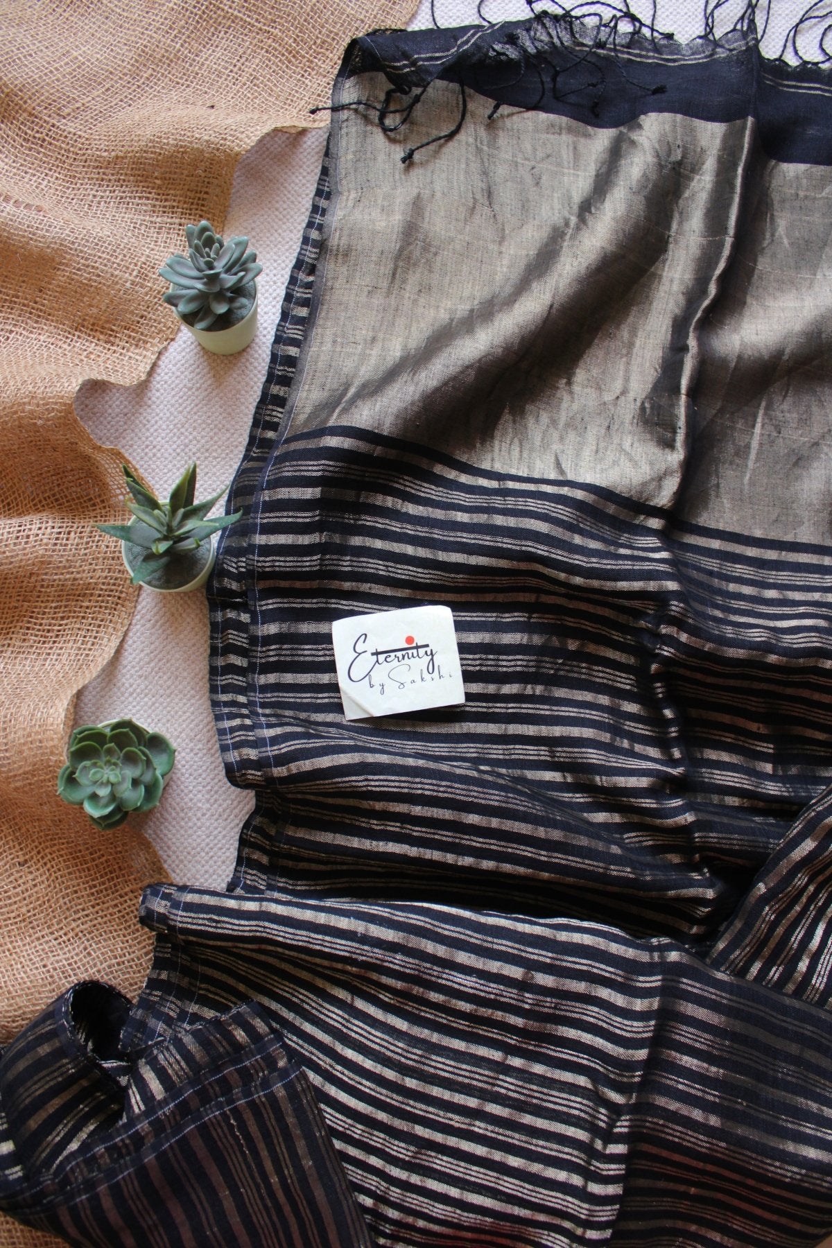 Black Metallic Stripes Linen Ira Saree - Eternity by Sakshi