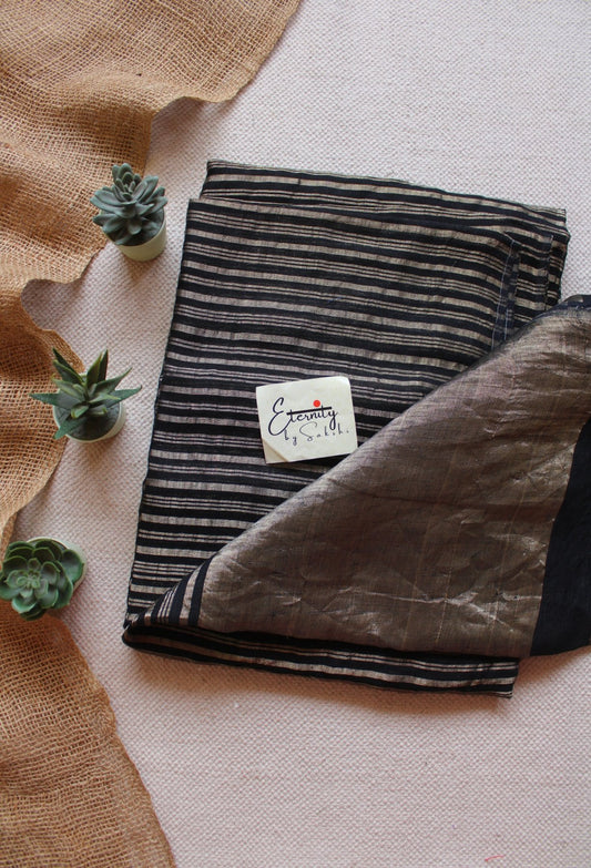 Black Metallic Stripes Linen Ira Saree - Eternity by Sakshi