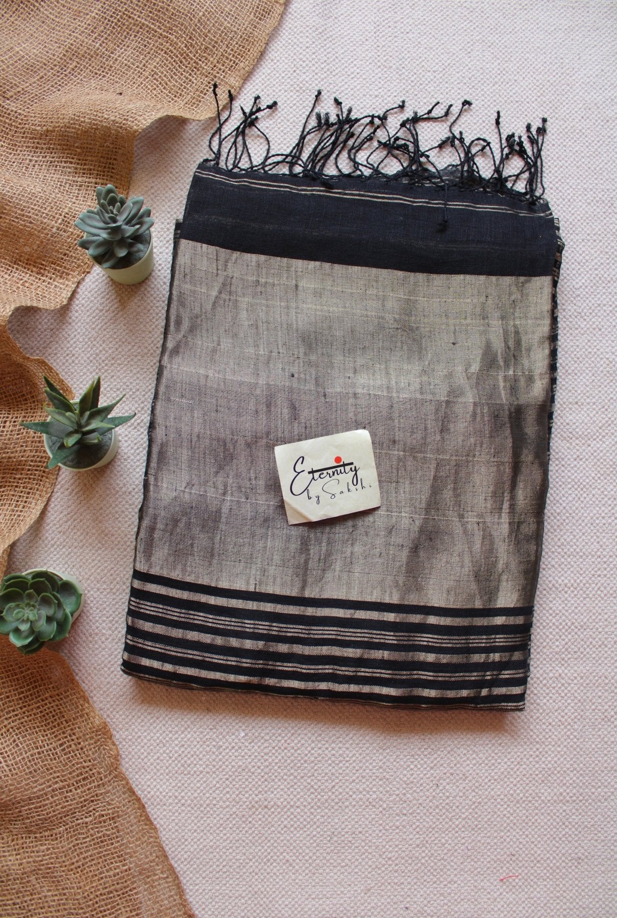 Black Metallic Stripes Linen Ira Saree - Eternity by Sakshi